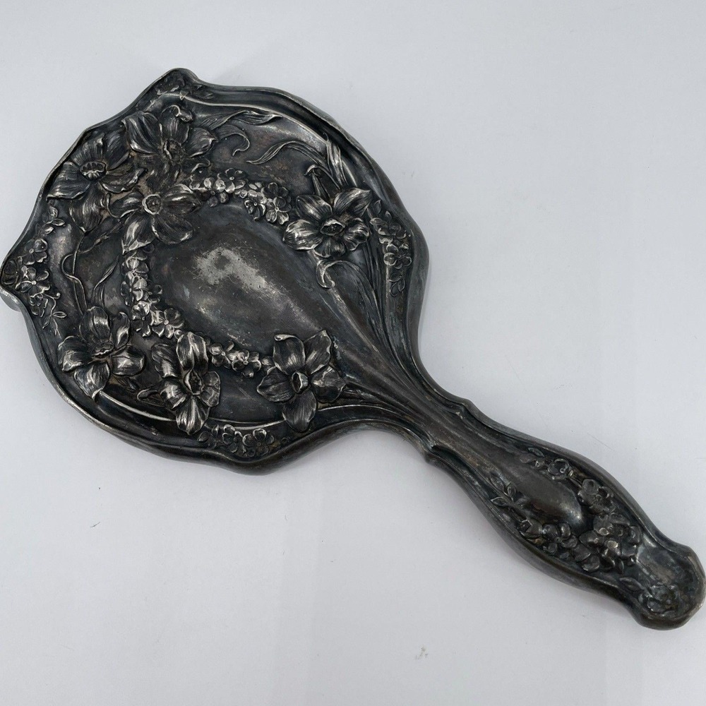 Antique Art Nouveau Hand Mirror Homan Manufacturing Quadruple Plating Floral.
